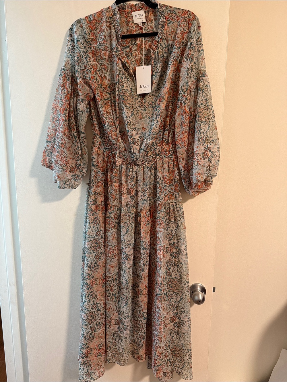 Misa Los Angeles Sheer Floral V-Neck Midi Dress in Blue and Coral